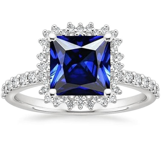 Diamond Engagement Ring Halo Ceylon Sapphire Sunburst Style 6.25 Carat - Gemstone Ring-harrychadent.ca