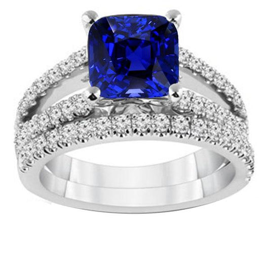 Diamond Engagement Ring Set Cushion Sri Lankan Sapphire 3.50 Carats - Gemstone Ring-harrychadent.ca