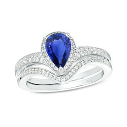 Diamond Engagement Ring Set Pear Ceylon Sapphire 2.75 Carats
