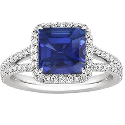 Natural Earth Mined Diamond Gemstone Ring 5 Carats Halo Blue Sapphire Gold Jewelry