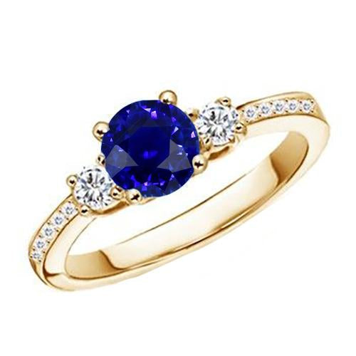 Diamond Gemstone Ring Blue Sapphire 2 Carats 3 Stone Style Yellow Gold - Gemstone Ring-harrychadent.ca