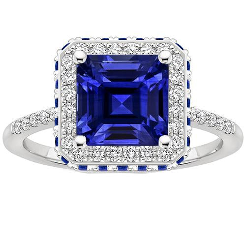 Diamond Gemstone Ring Halo Princess Blue Sapphire Gold 14K 4.50 Carats - Gemstone Ring-harrychadent.ca