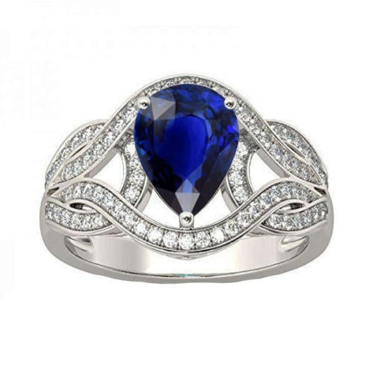 Diamond Gemstone Ring Pear Vintage Style Ceylon Sapphire 3 Carats Gold - Gemstone Ring-harrychadent.ca
