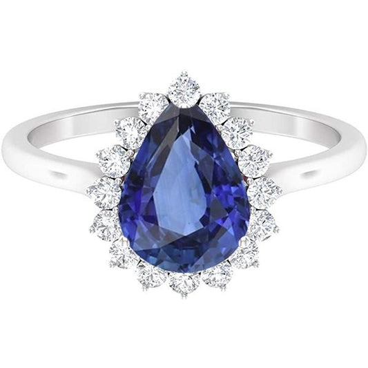 Diamond Halo Anniversary Pear Shaped Blue Sapphire Ring 4.50 Carats - Gemstone Ring-harrychadent.ca