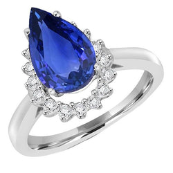 Natural Earth Mined Diamond Halo Anniversary Ring Pear Ceylon Sapphire 4.25 Carats