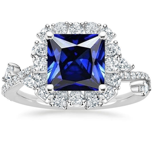 Diamond Halo Blue Sapphire Ring Princess Cut With Accents 7.50 Carats - Gemstone Ring-harrychadent.ca