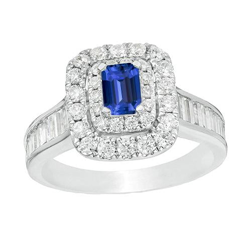 Diamond Halo Ceylon Sapphire Ring Round & Baguette Accented 3 Carats - Gemstone Ring-harrychadent.ca