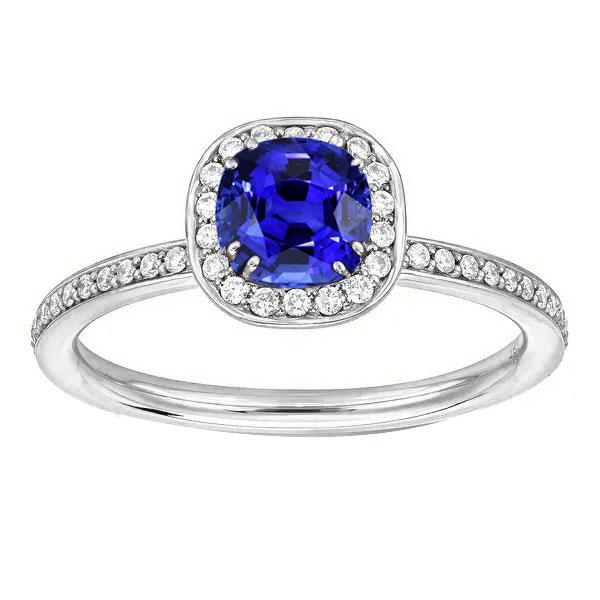 Diamond Halo Cushion Blue Sapphire Ring 3 Carats White Gold 14K - Gemstone Ring-harrychadent.ca