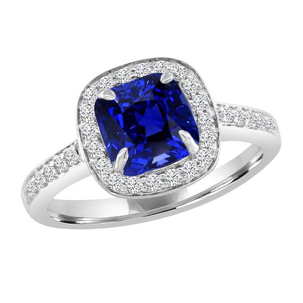 Diamond Halo Cushion Ceylon Sapphire Ring Pave Set 3.50 Carats Gold - Gemstone Ring-harrychadent.ca