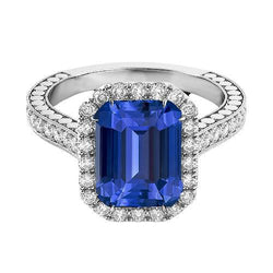 Natural Earth Mined Diamond Halo Emerald Blue Sapphire Ring 4 Carats Prong Set Milgrain