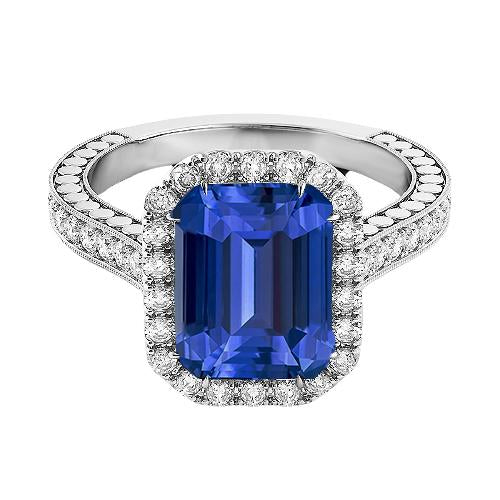 Diamond Halo Emerald Blue Sapphire Ring 4 Carats Prong Set Milgrain - Gemstone Ring-harrychadent.ca