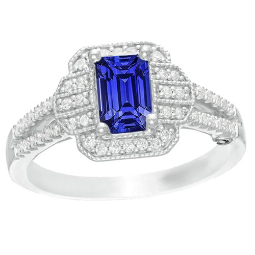 Diamond Halo Emerald Blue Sapphire Ring Vintage Style 4 Carats Gold - Gemstone Ring-harrychadent.ca
