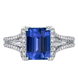 Diamond Halo Emerald Ceylon Sapphire Ring Double Shank 4.50 Carats