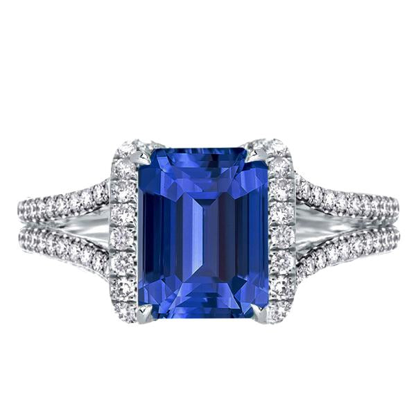 Diamond Halo Emerald Ceylon Sapphire Ring Double Shank 4.50 Carats - Gemstone Ring-harrychadent.ca
