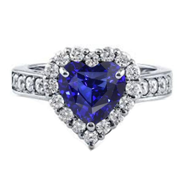 Diamond Halo Engagement Ring Heart Cut Blue Sapphire 4 Carats - Gemstone Ring-harrychadent.ca