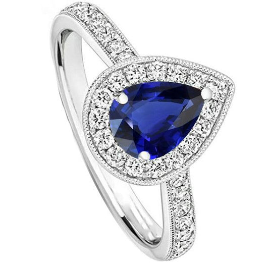 Diamond Halo Engagement Ring Pear Srilanka Sapphire 4.50 Carats - Gemstone Ring-harrychadent.ca