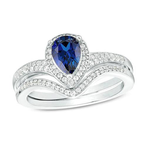 Diamond Halo Engagement Ring Set Pear Cut Blue Sapphire New 4 Carats - Gemstone Ring-harrychadent.ca