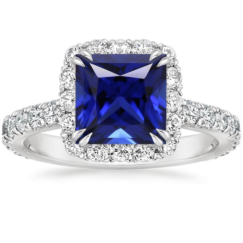 Diamond Halo Gemstone Ring Ceylon Sapphire Princess Pave Set 6 Carats - Gemstone Ring-harrychadent.ca