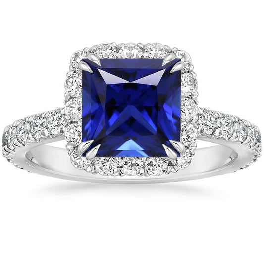 Diamond Halo Gemstone Ring Ceylon Sapphire Princess Pave Set 6 Carats - Gemstone Ring-harrychadent.ca