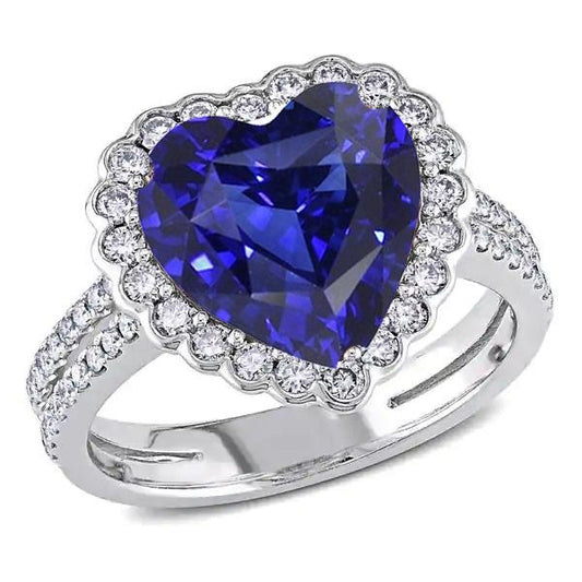 Diamond Halo Heart Ceylon Sapphire Ring Double Shank 5 Carats - Gemstone Ring-harrychadent.ca