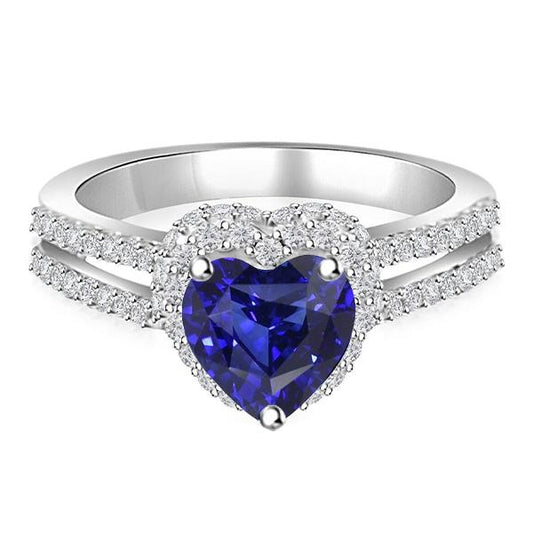 Diamond Halo Heart Cut Sapphire Ring Double Shank 3.50 Carats - Gemstone Ring-harrychadent.ca