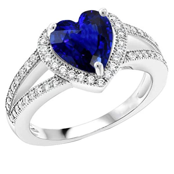 Diamond Halo Heart Shaped Blue Sapphire Ring Split Shank 4 Carats - Gemstone Ring-harrychadent.ca