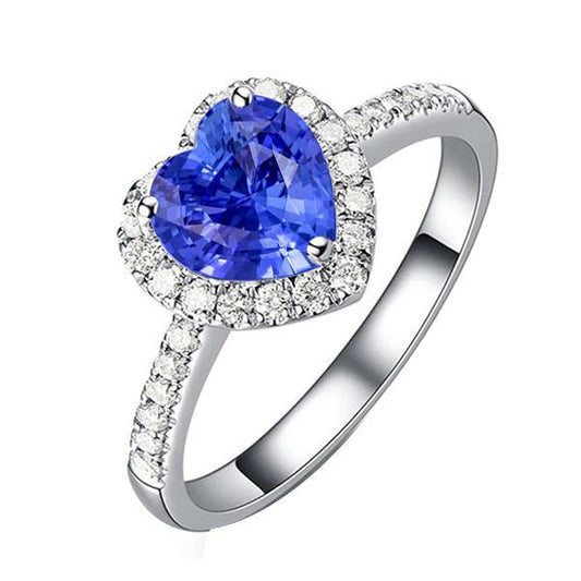 Diamond Halo Heart Shaped Natural Blue Sapphire Ring 3.50 Carats - Gemstone Ring-harrychadent.ca