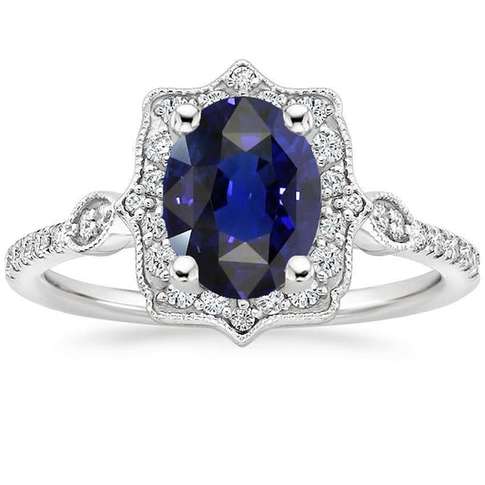 Diamond Halo Oval Ceylon Sapphire Ring 4 Carats Jewelry Gold - Gemstone Ring-harrychadent.ca