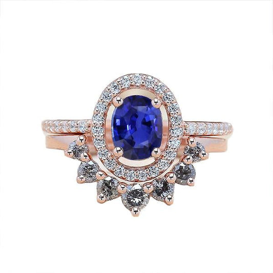 Diamond Halo Oval Engagement Ring Set Blue Sapphire 3.50 Carats Gold - Gemstone Ring-harrychadent.ca