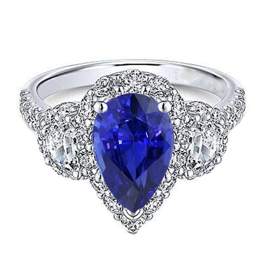 Diamond Halo Pear Ceylon Sapphire Ring 3 Stone Style 4.50 Carats - Gemstone Ring-harrychadent.ca