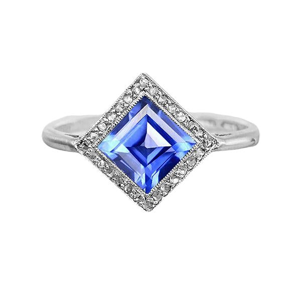 Diamond Halo Princess Blue Sapphire Ring 3 Carats Gold Pyramid Style - Gemstone Ring-harrychadent.ca