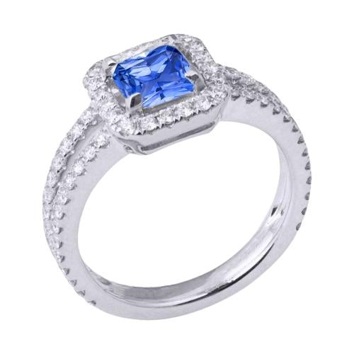 Diamond Halo Radiant Sapphire Ring Double Shank 3 Carats Gold Jewelry - Gemstone Ring-harrychadent.ca