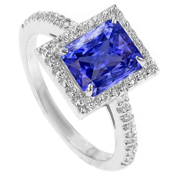 Diamond Halo Radiant Sri Lankan Sapphire Ring 4.50 Carats White Gold - Gemstone Ring-harrychadent.ca