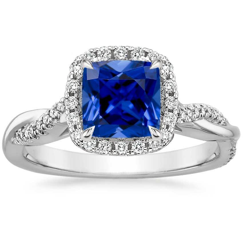 Diamond Halo Ring Cushion Blue Sapphire Pave Set Accented 3.25 Carats - Gemstone Ring-harrychadent.ca