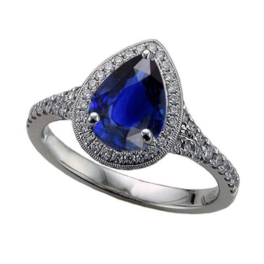 Diamond Halo Ring Pear Cut Blue Sapphire Antique Style 3.50 Carats - Gemstone Ring-harrychadent.ca