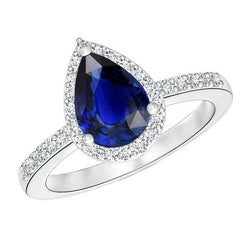 Diamond Halo Ring Pear Cut Sri Lankan Sapphire 3.75 Carats