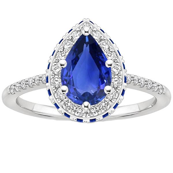 Diamond Halo Ring Pear & Round Blue Sapphires With Accents 5.25 Carats - Gemstone Ring-harrychadent.ca