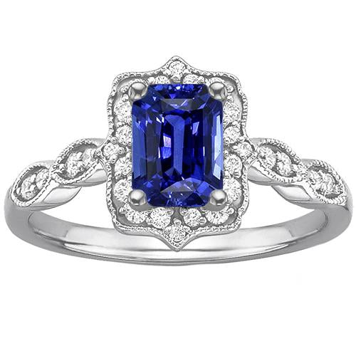 Diamond Halo Ring Emerald Sri Lankan Sapphire 4 Carats White Gold 14K- Gemstone Ring-harrychadent.ca