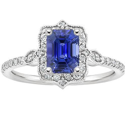Natural Earth Mined Diamond Halo Ring Vintage Style Emerald Blue Sapphire 4 Carats