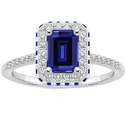 Diamond Halo Ring With Blue Sapphires on Side Emerald 4.25 Carats - Gemstone Ring-harrychadent.ca