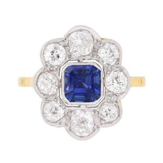 Diamond Halo Sapphire Ring Bezel Set Asscher Cut Flower Style 4 Carats - Gemstone Ring-harrychadent.ca