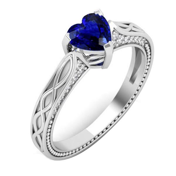 Diamond Heart Blue Sapphire Ring Milgrain & Filigree Shank 1.25 Carats - Gemstone Ring-harrychadent.ca