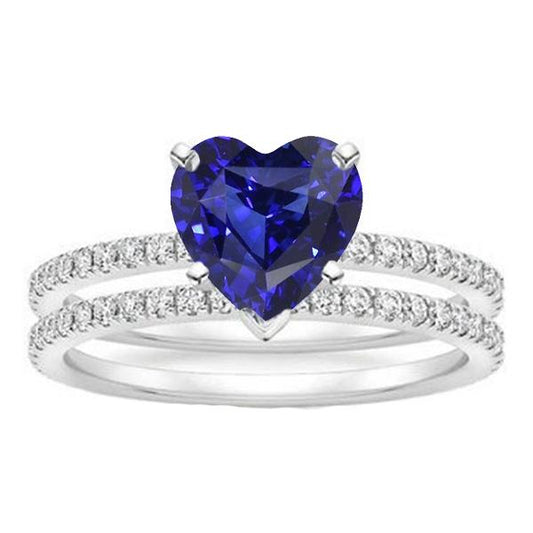 Diamond Heart Blue Sapphire Wedding Ring Set 3.50 Carats Jewelry - Gemstone Ring-harrychadent.ca