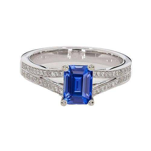 Diamond Jewelry Emerald Cut Blue Sapphire Ring Split Shank 3 Carats - Gemstone Ring-harrychadent.ca