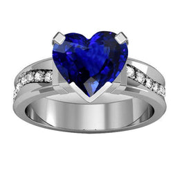Natural Earth Mined Diamond Jewelry Heart Shaped Ceylon Sapphire Ring 4 Carats Thick Shank