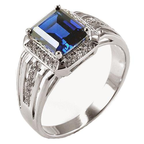 Diamond Men’s Ring Emerald Cut Blue Sapphire With Accents 3.50 Carats - Gemstone Ring-harrychadent.ca