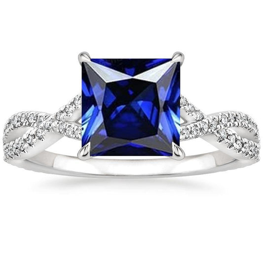 Diamond & Princess Sapphire Ring With Accents 6.50 Carat Twisted Shank - Gemstone Ring-harrychadent.ca