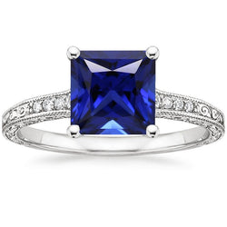 Natural Earth Mined Diamond & Princess Sri Lankan Sapphire Antique Style Ring 5.25 Carats