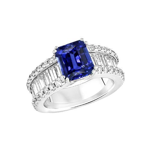 Diamond Ring Blue Emerald Sapphire 3.50 Carats Channel Set Baguettes - Gemstone Ring-harrychadent.ca