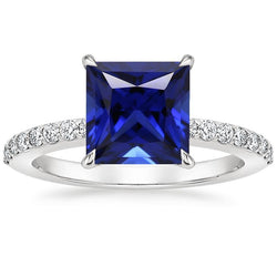 Natural Earth Mined Diamond Ring Sri Lankan Sapphire 5.50 Carats Princess Cut with Accents